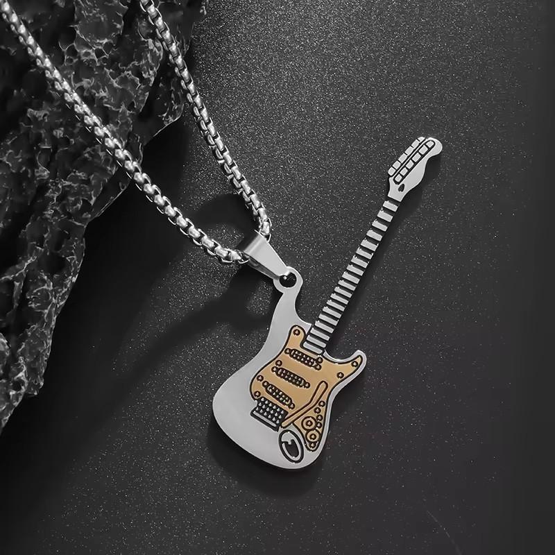 Fashion Two‑Tone Guitar Pendant Necklace for Men and Women, Trendy Stainless‑Steel Musical‑Instrument‑Shaped Jewelry Accessory