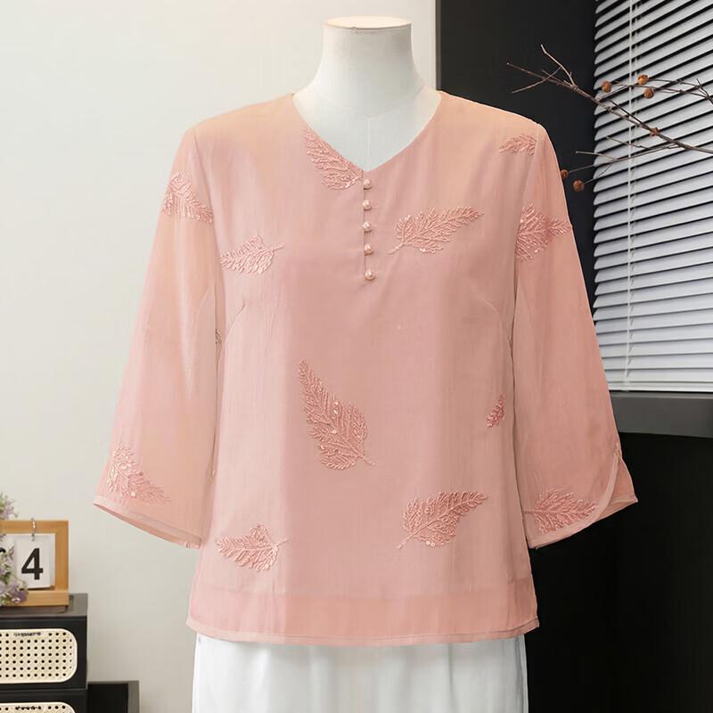 Xuexi Mom s 2026 Summer Embroidered Chiffon Blouse for Middle-Aged Women