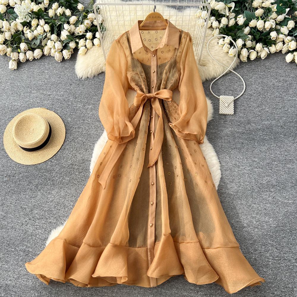 Light luxury long-sleeved lantern-sleeved mesh dress women's summer lace-up waist A-word elegant long dress commuting