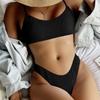 Women's Summer Fashion Sexy Solid Color Fold Lace-up Waist Split  Bikini Swimsuit Set