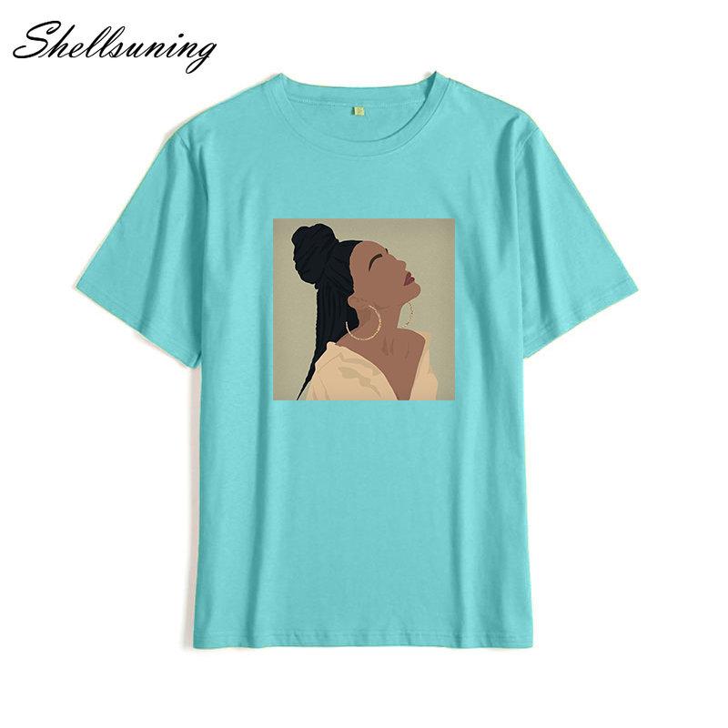 Shellsuning Summer Vintage Printed Cotton T Shirt Women Loose Short Sleeve Trend Tees Female Casual Streetwear All-match Basic Tops