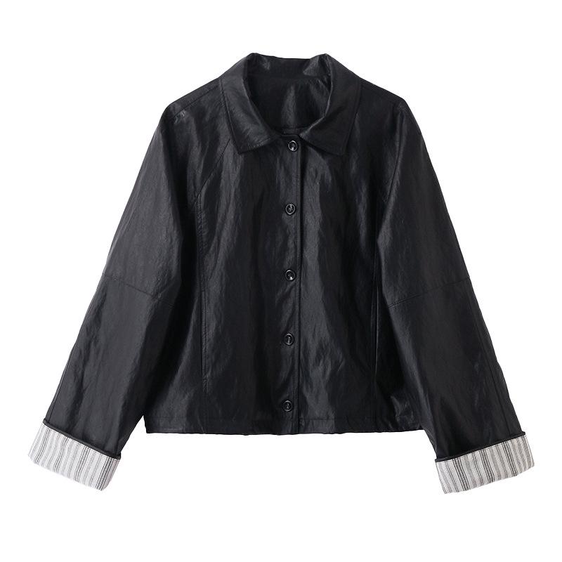 Women's Retro High-End Black Leather Jacket with Spliced Cuffs - Spring 2025 Collection (YB8859)