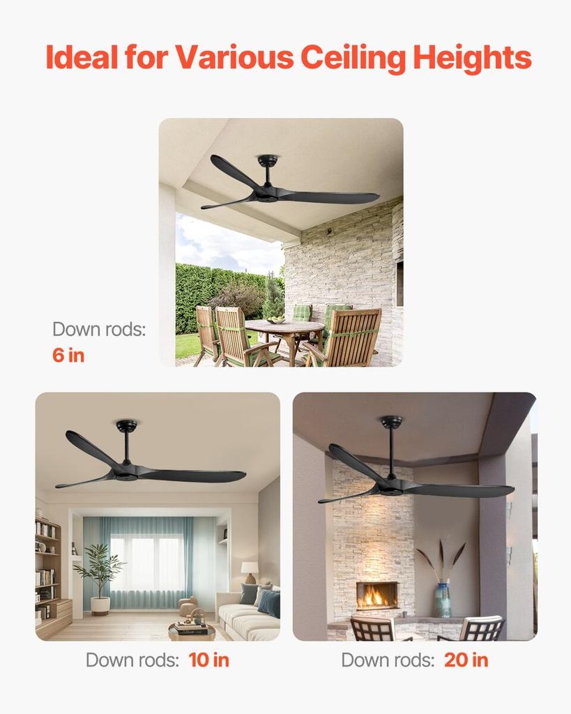 72" Dřevěná čepel Stropní ventilátor Bez světla Dálkové ovládání Reverzibilní motor Černá