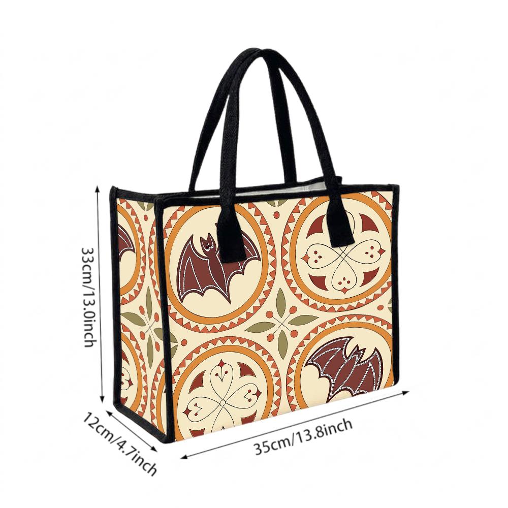 Retro Bat Pattern Tote Bag Boho Style Large Capacity Canvas Bag Daily Portable Shopping Bag