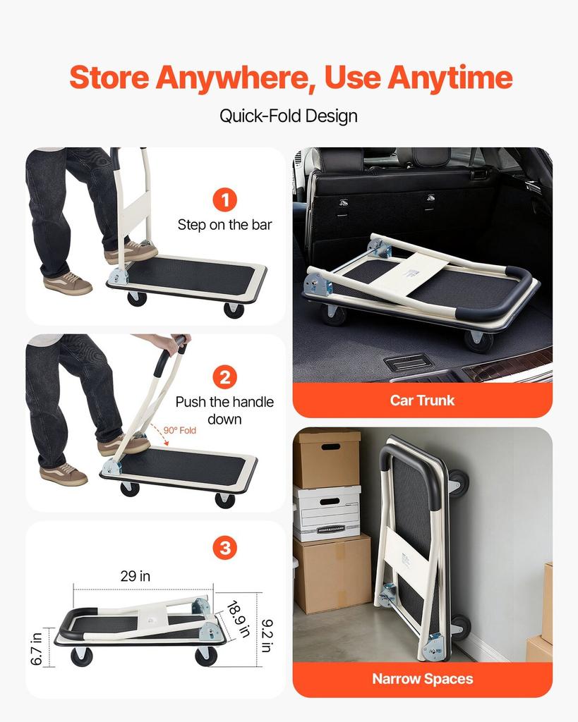 Foldable Push Cart Dolly, 149.69 Kg Capacity, Folding Platform Truck with Swivel Wheels, Moving Platform Hand Truck Flatbed Cart, Space Saving Push