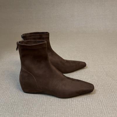 Sheepskin Version~ Retro Square Head Inner Height-increasing Short Boots Women's Suede Suede Face Thin Boots Rear Zipper Elastic Boots Martin Boots