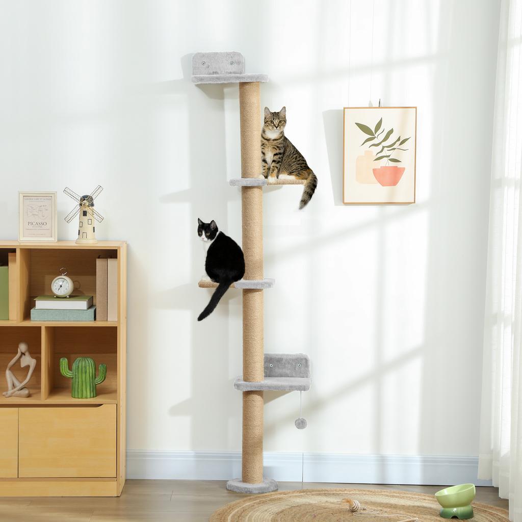 Wall Mounted Cat Shelves, Cat Climbing Wall with 4 Climbing Platforms, Jute Scratching Post and Toy Ball,180cm Tall, Light Grey