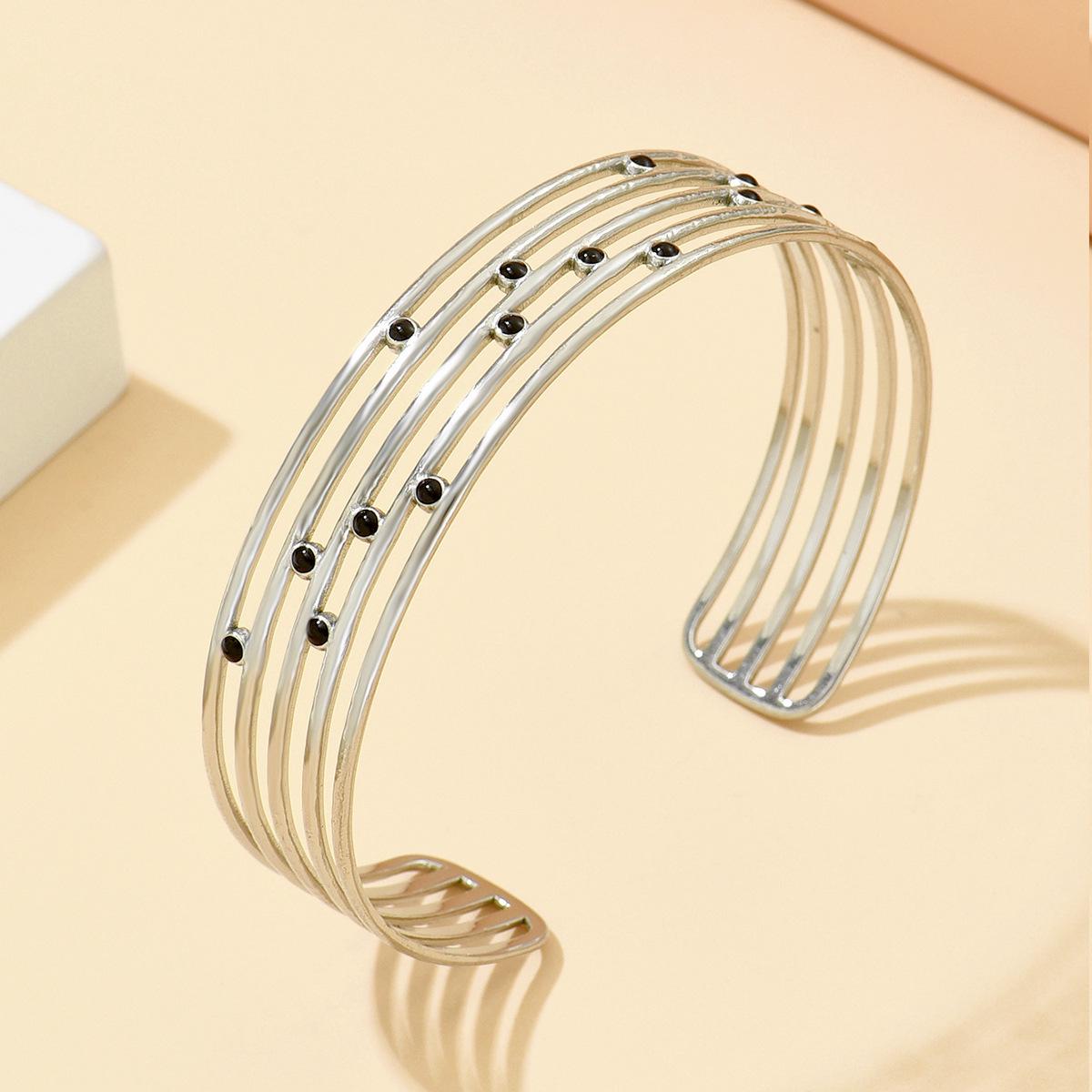 Adjustable Black Enamel Wide Line Bracelet in Stainless Steel