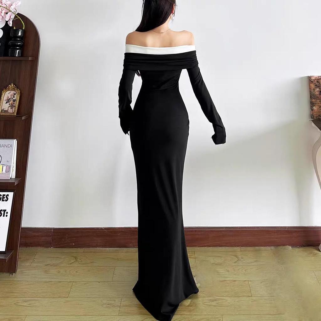Autumn One-Shoulder Color Block Long Sleeve Mermaid Dress - Elegant Slimming Fashion for Women