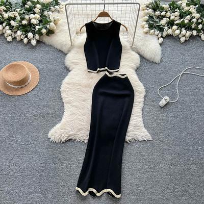 Summer Women Designer Black Knitted Sweater Two Piece Set Short Tank Pullover Top and Long Maxi Sheath Skirt Suit