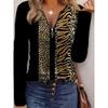 Comfortable Trendy Casual Elegant Style Painting Leopard Print Pattern Size Tag Women's Park Collar Zipper Long Sleeve