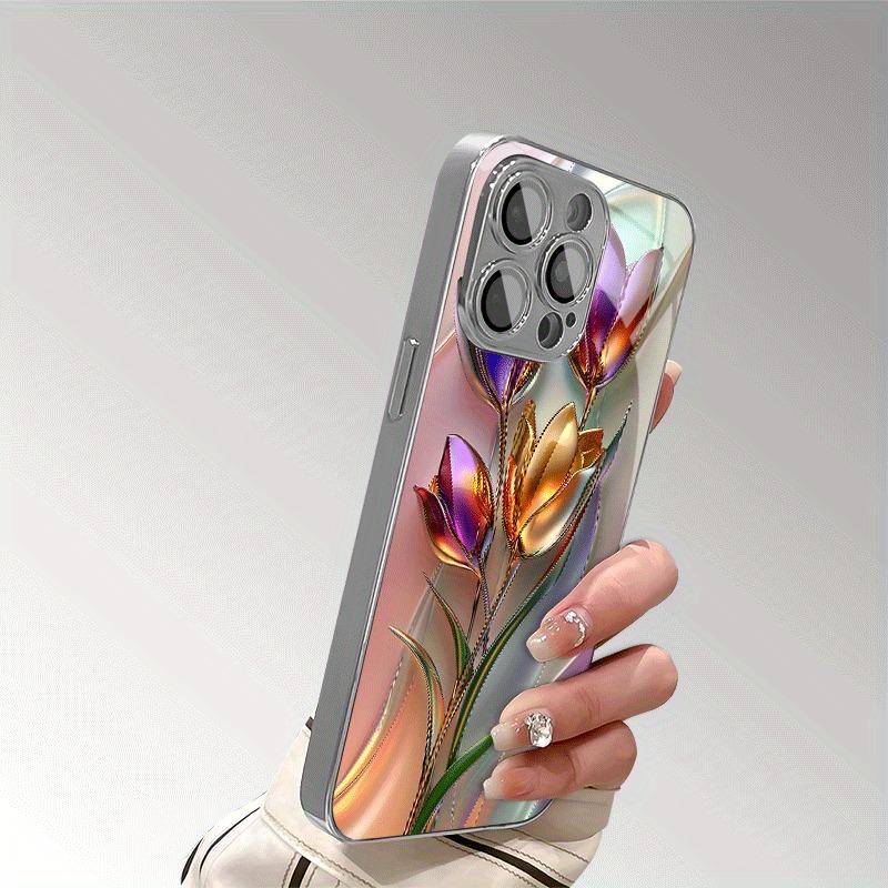 Artystyczne Etui na Telefon ze Szkła Galwanizowanego z Wzorem Tulipana Dla iPhone 17 Pro Max 16 Pro 15 Plus 14 13 12 11 16E 17 Air Pokrowiec TPU