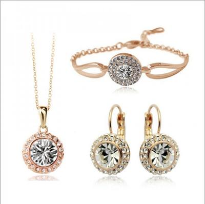 1set/4pcs (Necklace + Earrings + Bracelet) Women's Elegant Jewelry Set Fashion Versatile Round Crystal Three-piece Set