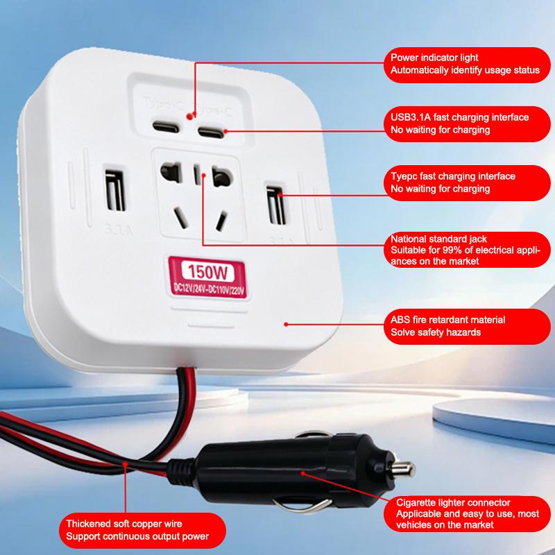 150W Car Power Inverter With Usb C Fast Charging Ac Outlets Fireproof Abs Shell For Road Trips Charging Multiple Electronics