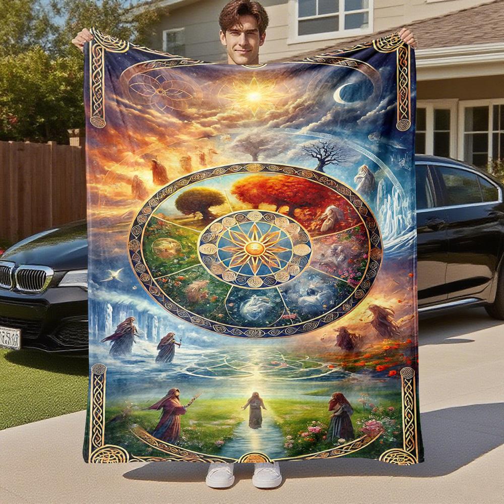1PC Wheel of the YearOutdoor Flannel Blanket - Soft Plush Decor for Picnics, Camping, Bedroom, Playroom, Office, or Lunch Break 1331A
