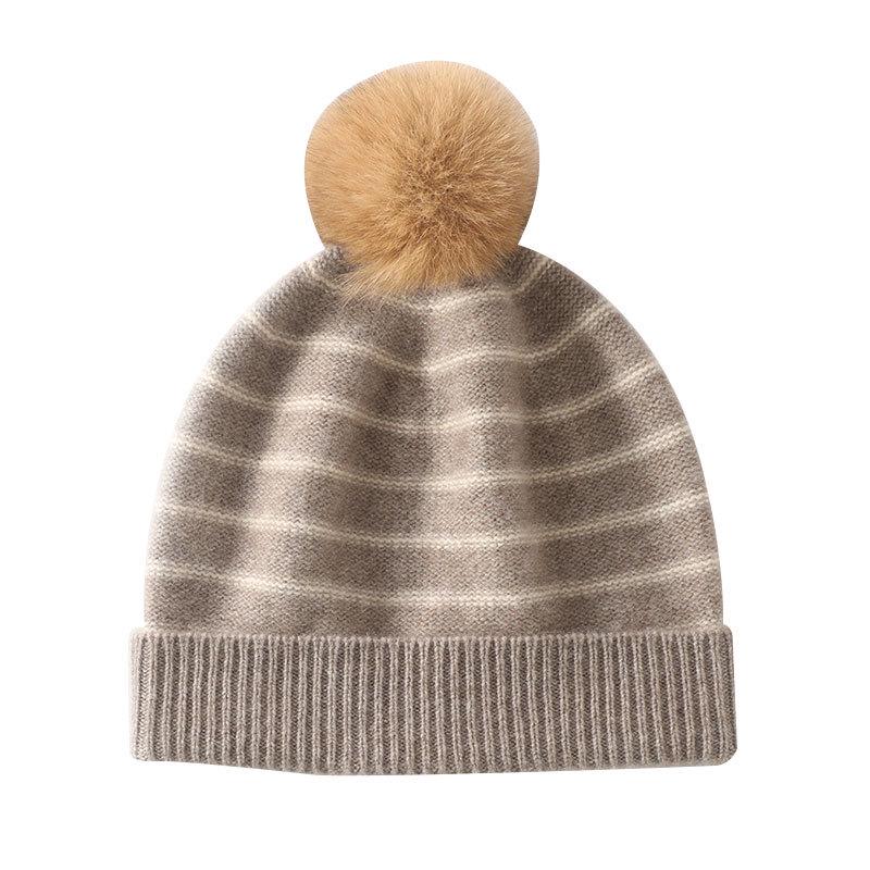 Women's Striped Cashmere Beanie with Ear Protection - Warm, Trendy Autumn/Winter Hat with Pom Pom