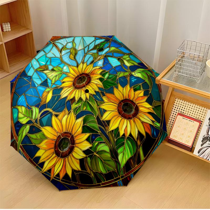 Retro Sunflowers Printed Umbrella Windproof Folding Umbrella Portable Sun and Rain Umbrella Suitable for Gifting