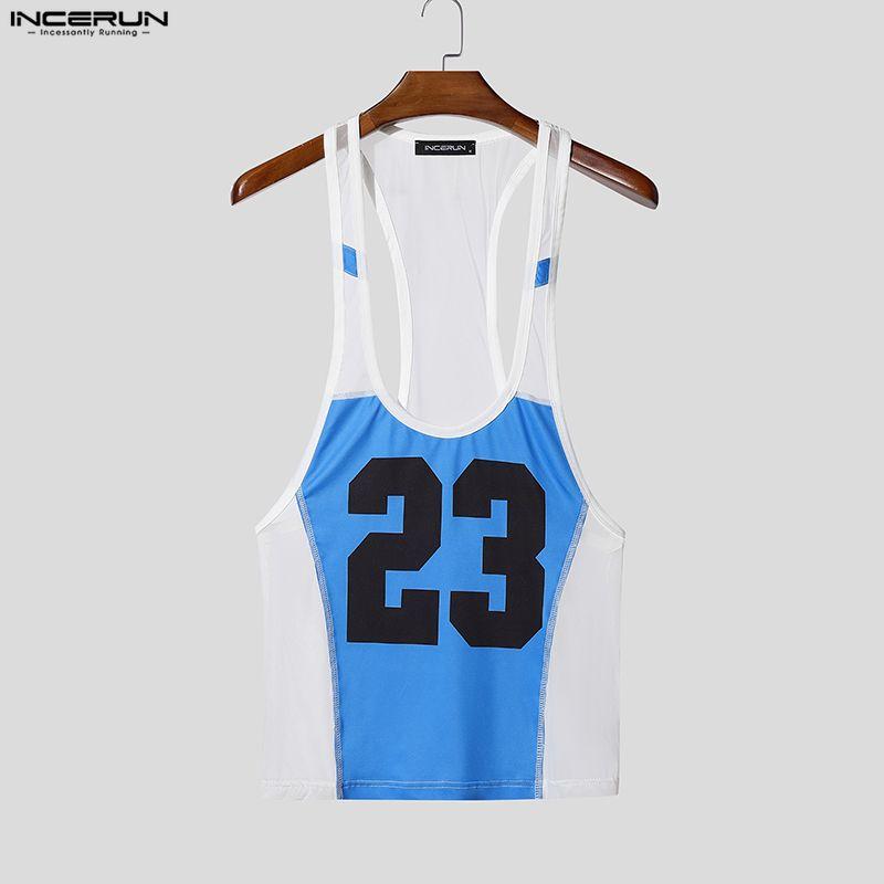 INCERUN Zomer Mannen Mouwloos Bandje Letterprint Mesh Doorzichtig Sport Tanktops Vest