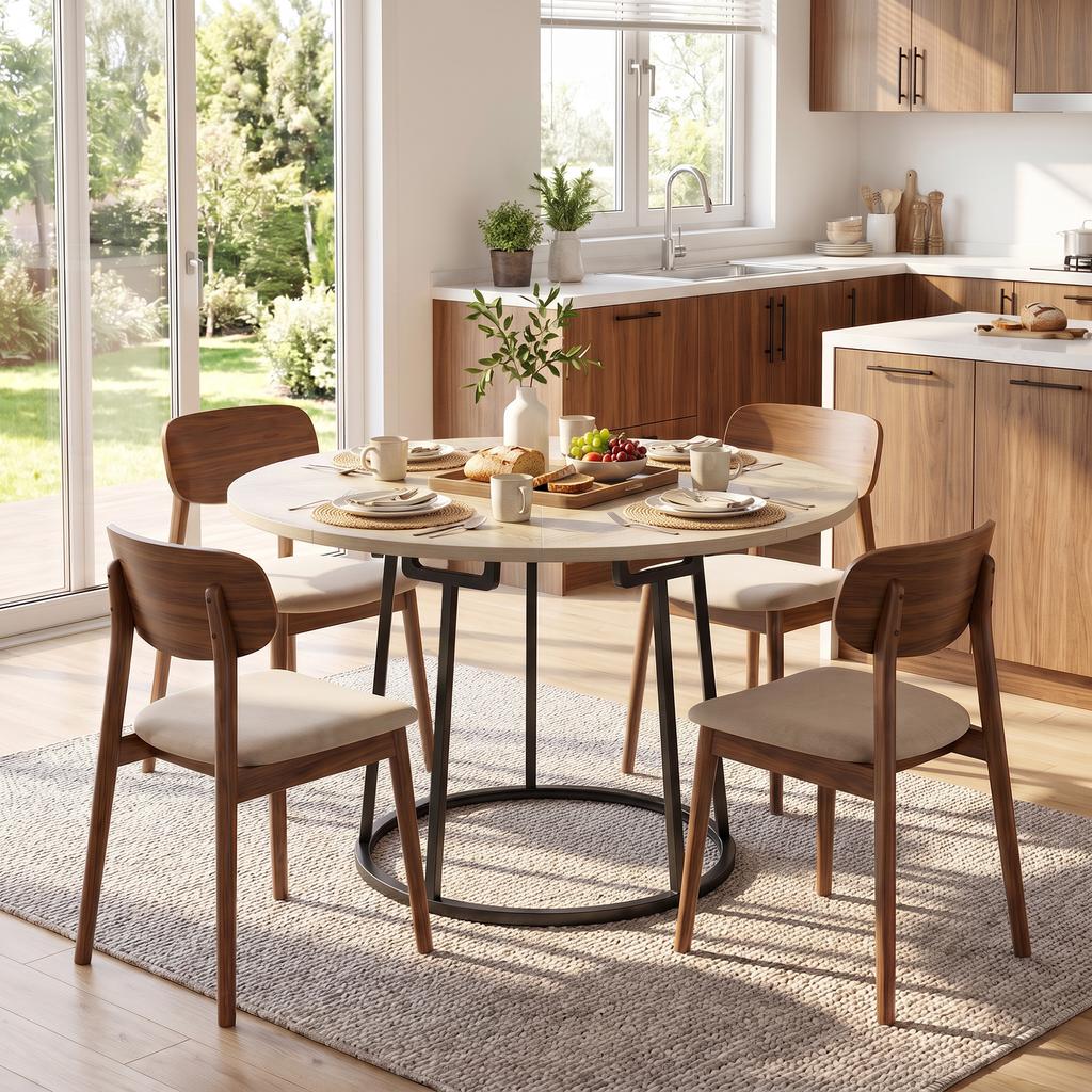 Round Dining Table for 4-6, 120 x 75 cm Diameter, Conical Metal Base, Natural Wood