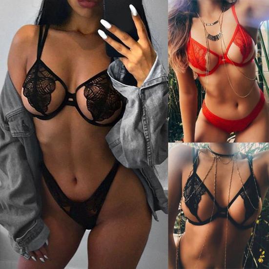 Sexy Women Cutout Bra Panties Solid Color See-through Thin Lace Underwear Set