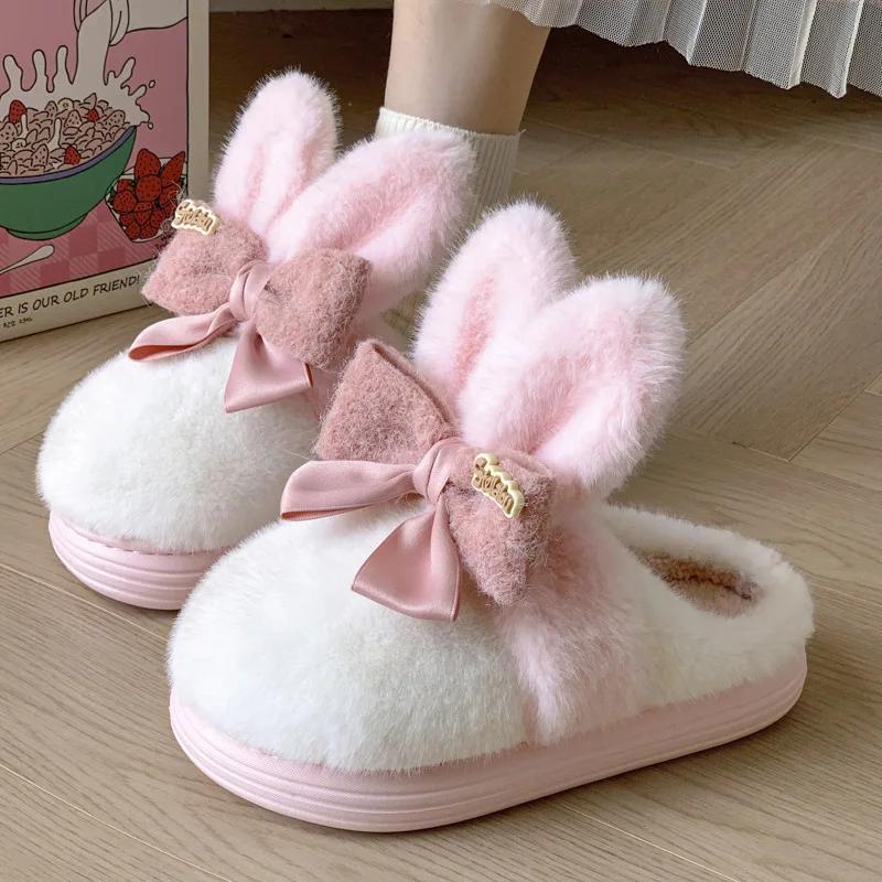 Fashion Winter Cute Pink Rabbit Women Slippers Adults Indoor Cartoon Thick Soft Slides Girls Cute Cotton Slippers   Warm Plush Shoes