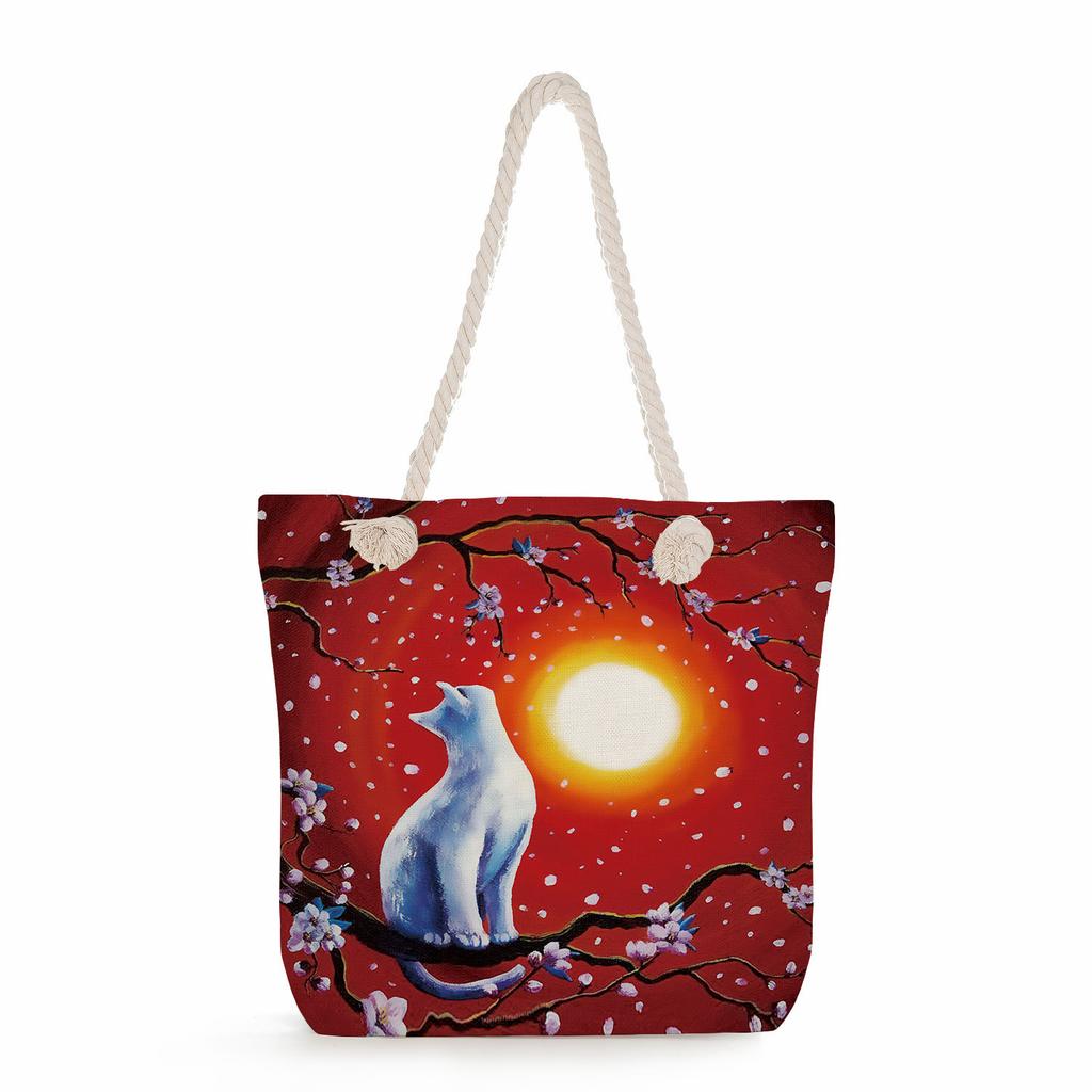 Cartoon cat print thick rope single-shoulder beach bag 7252