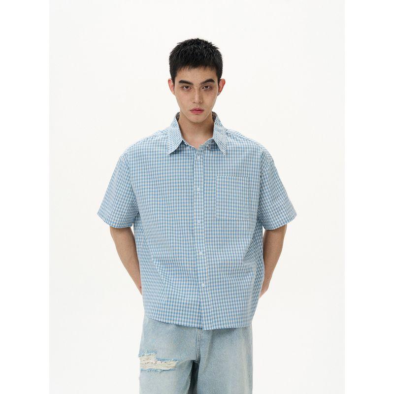 Kisko American Retro Lazy Light Blue Plaid Short-Sleeved Shirt for Men and Women, Cool and Casual Cleanfit Shirt
