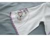 Chinese-Style Retro Cotton-Linen Mid-Sleeve Shirt with Stand-Up Collar and Embroidered Tea Service Design for Women.