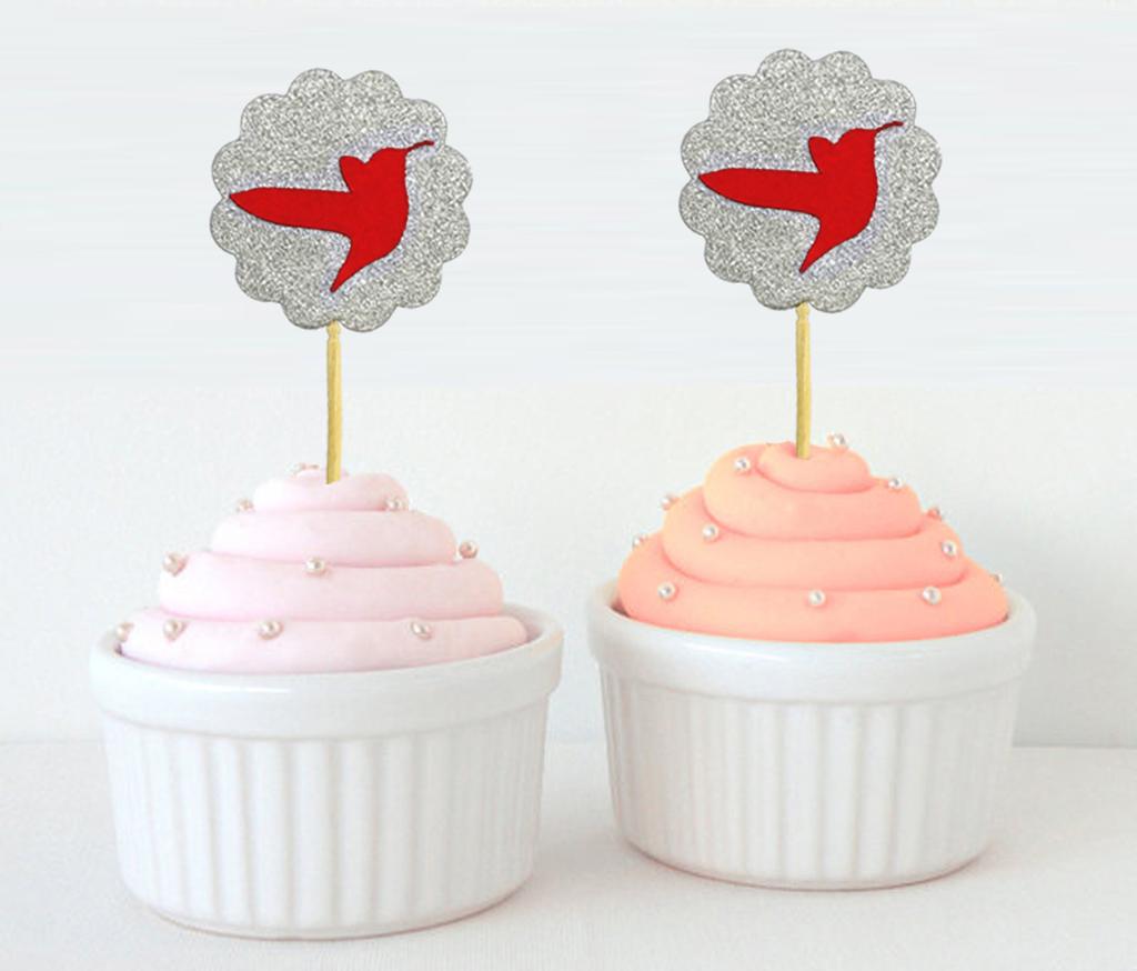 Darling Souvenir| Glitter Scallop Edge Bird Cupcake Toppers| Wedding - Birthday Party Dessert Decorations - Pack Of
