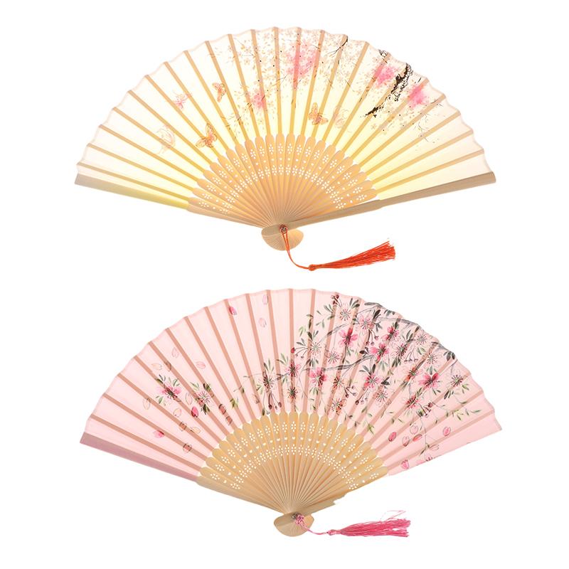 Vintage Printed Silk Folding Hand Fan Tassel Chinese Bamboo Fans Women Dance Performance Props Home Decoration Ornaments