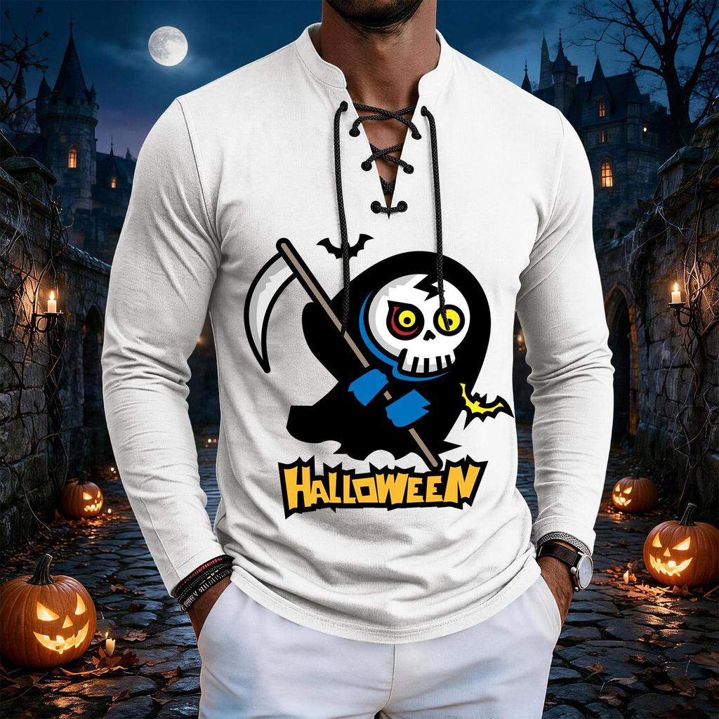 Men's Vintage Halloween Print Lace-Up Long Sleeve T-Shirt