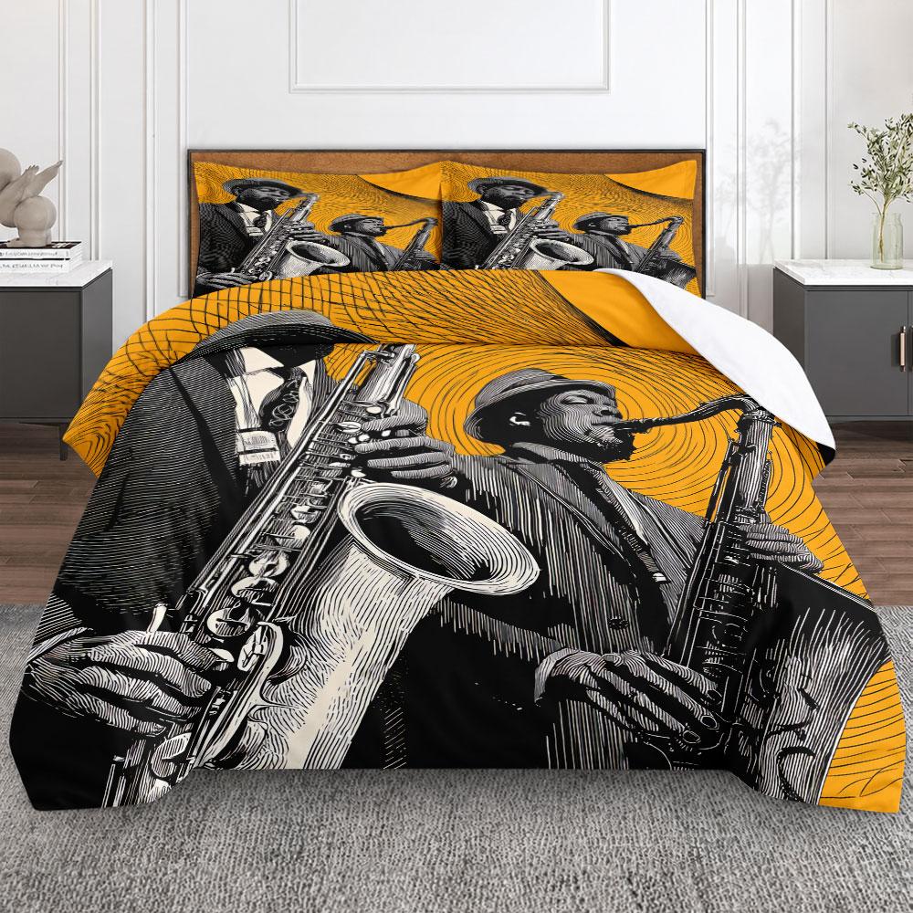 Artistic Jazz Saxophonists Orange Line Art Yellow Duvet Cover with Pillowcases, Simple Elegance Duvet Cover Set