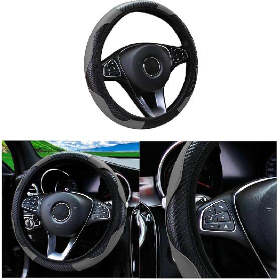 Car Steering Wheel Cover, 15 Inch Carbon Fiber Microfiber PU Leather Elastic Steering Wheel Protector For Men Women, Anti-Slip Breathable Car