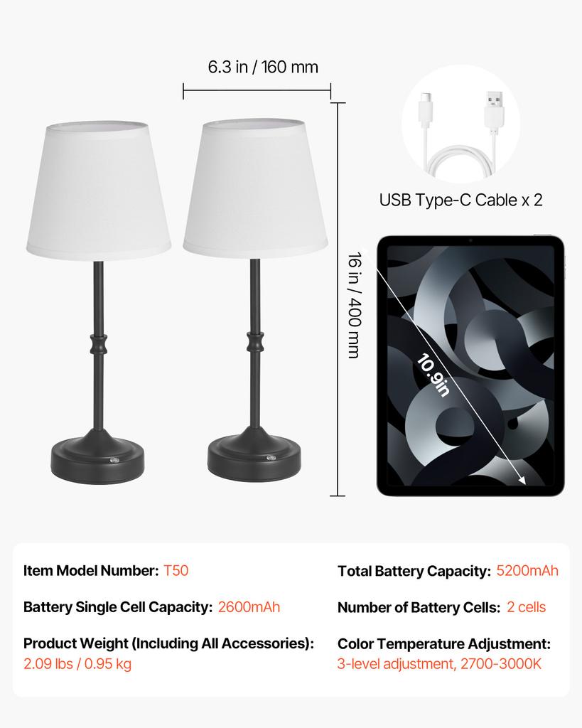 SucceBuy Cordless Table Lamp 5200mAh Built-in Rechargeable Battery Desk Lamp 3-Level Brightness Fabric Shade Color Temperature
