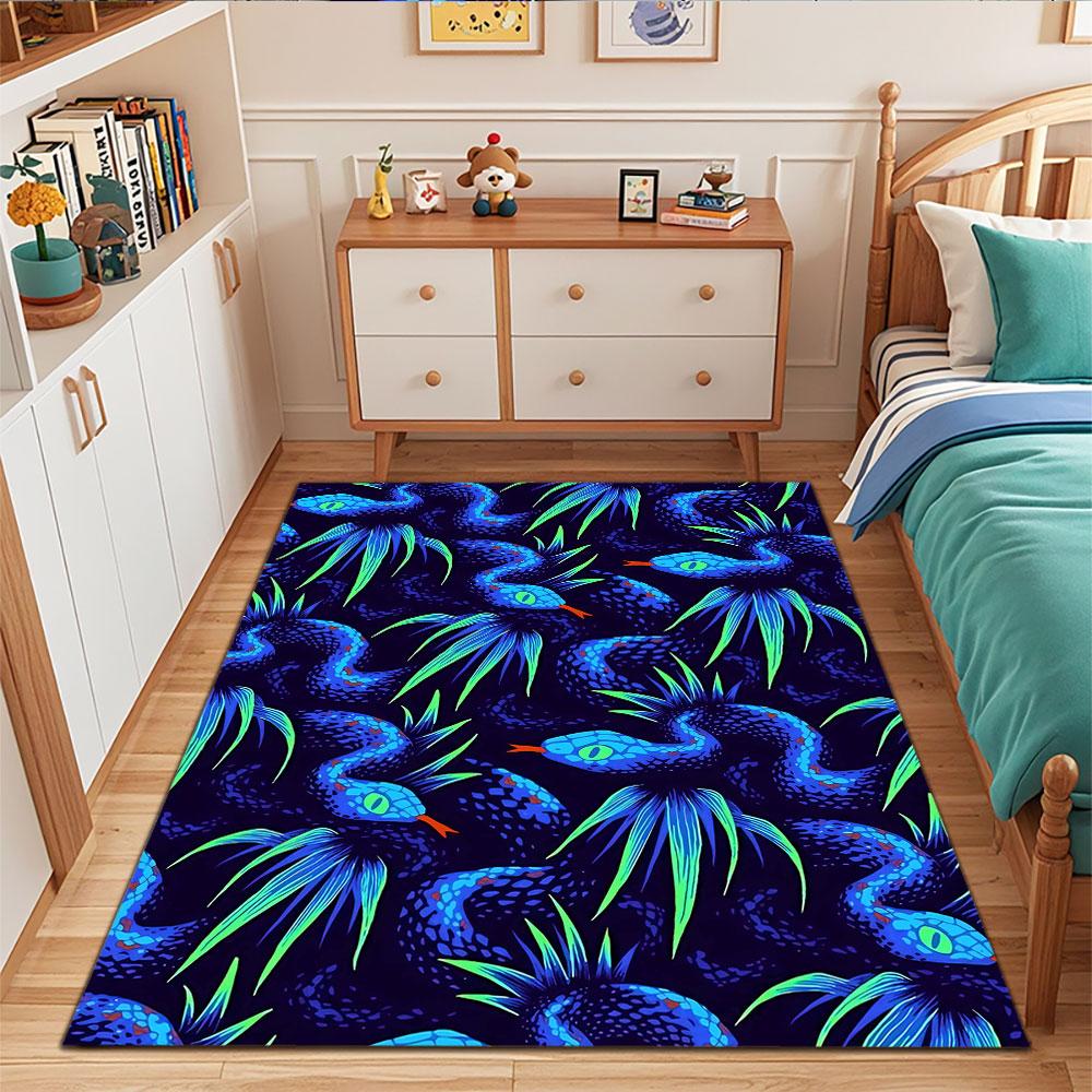 Neon Blue Serpents with Tropical Leaves Patterned carpet, suitable as a non slip play mat for the living room and bedroom sofa