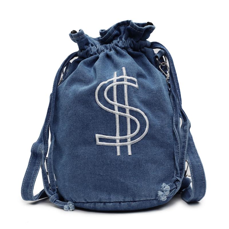 

Вышитая сумка-ведро на шнурке, женская джинсовая многоцелевая сумка через плечо светло-синий