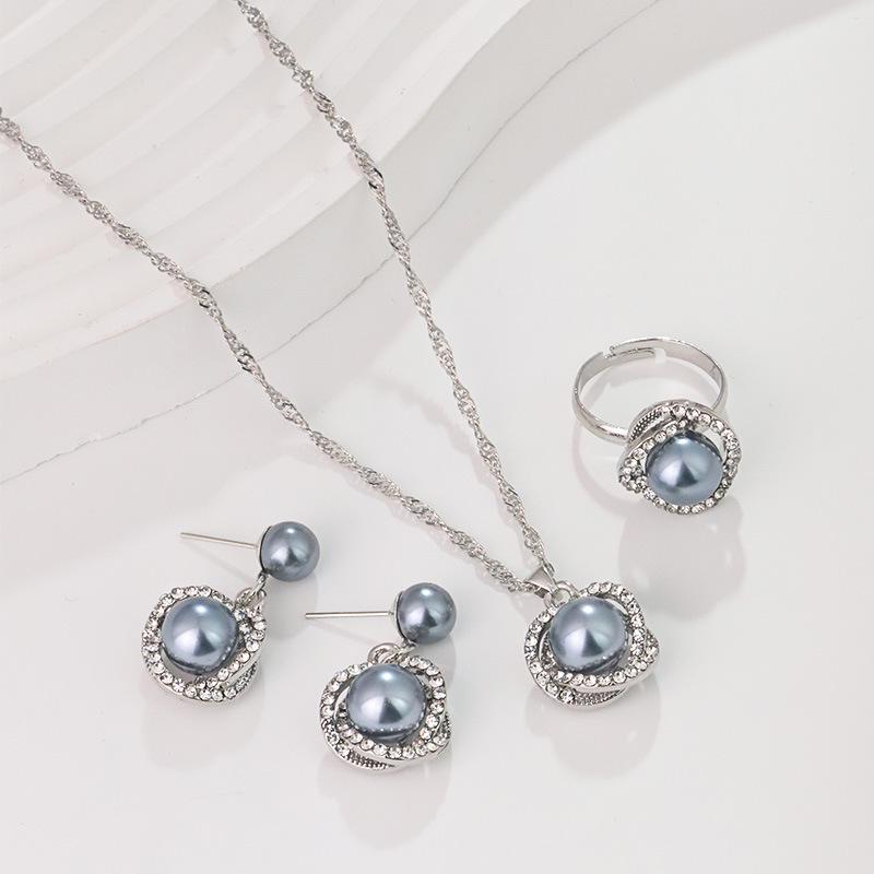 Korean Luxury Pearl & Diamond-Inspired Jewelry Set: Necklace, Earrings, Ring