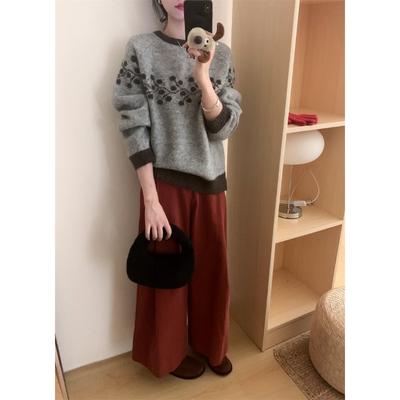 Women's Autumn and Winter Round Neck Jacquard Colour Blocking Pullover Knitted Jumper
