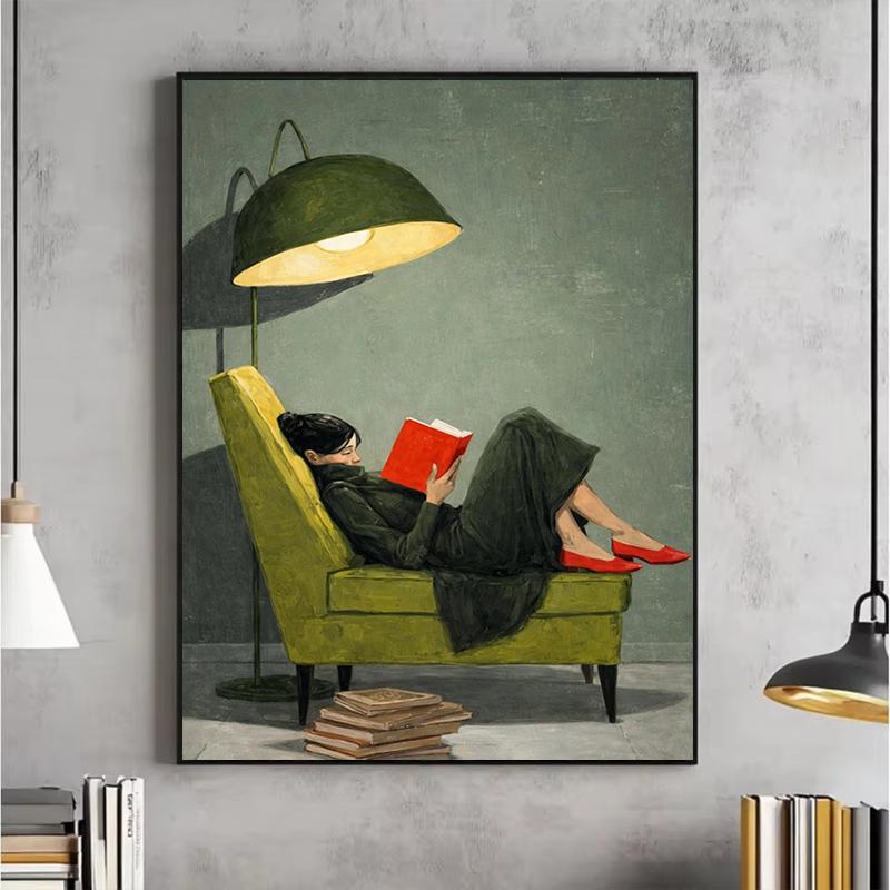 Vintage Woman Reading On Green Chair Canvas Poster Print Painting Modern Aesthetic Art Picture Living Room Wall Art Home