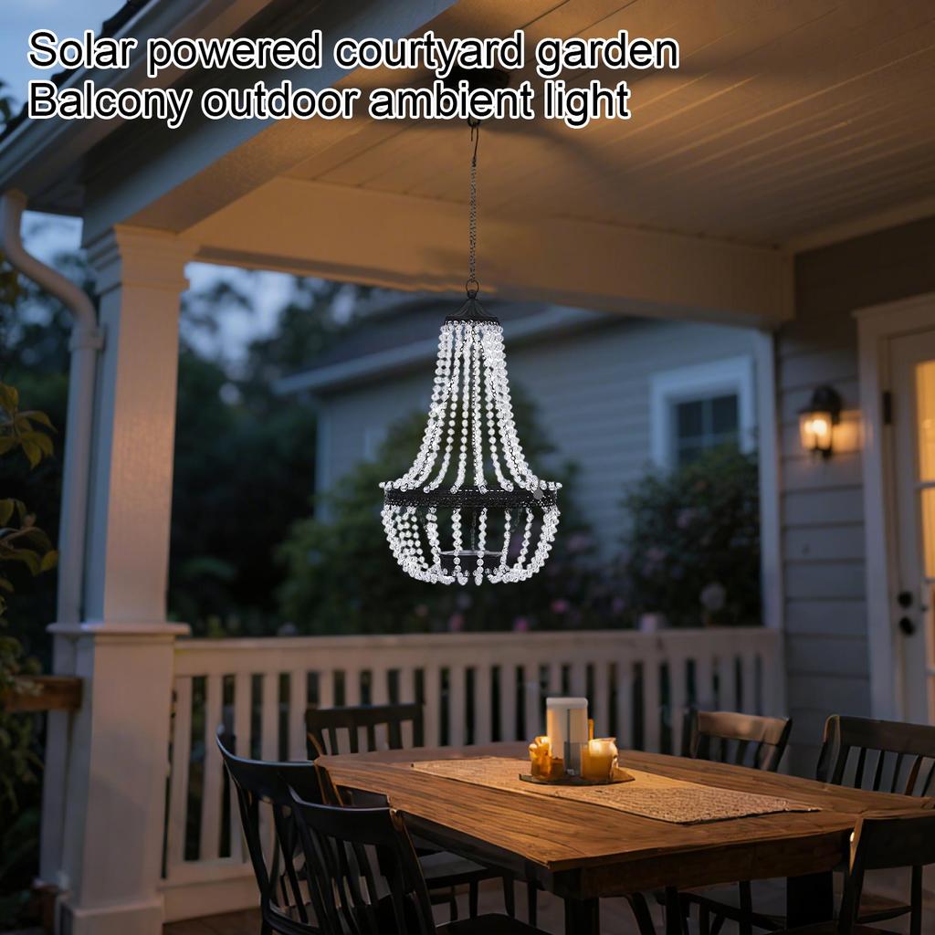 Outdoor Solar Powered Hanging Chandelier Light for Garden Patio Balcony Decorative Ambient Lighting with Beaded Design and Metal Frame