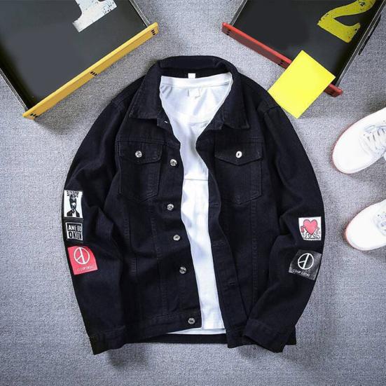 Long Sleeves Pockets Single-breasted Denim Coat Spring Autumn Letter Print Turn-down Collar Unisex