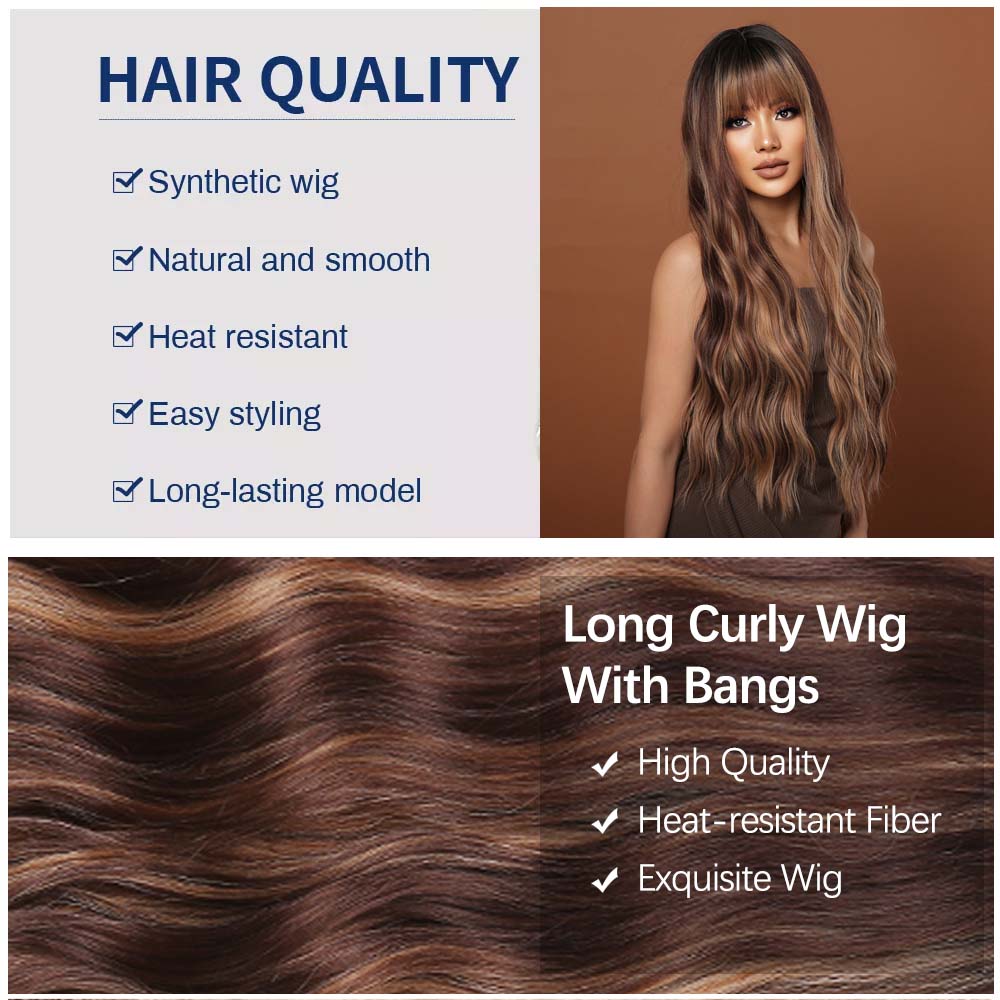 Synthetic Long Curly Highlight Wigs With Bangs Mixed Chocolate Brown Golden Blonde Hair Wigs for Black Women Afro Heat Resistant