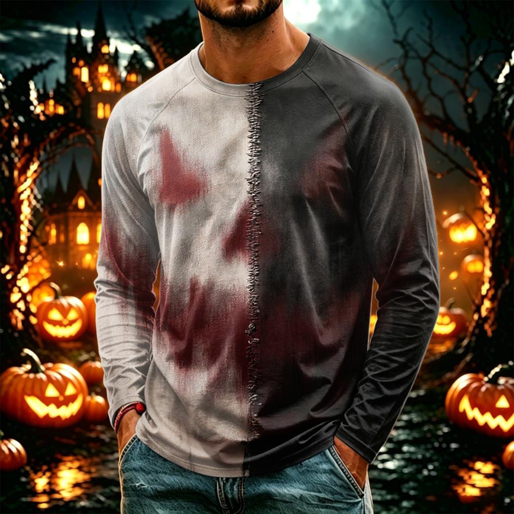 Men's Casual Long Sleeve Halloween Printed T-Shirt, Lightweight Neck Top for Daily Wear