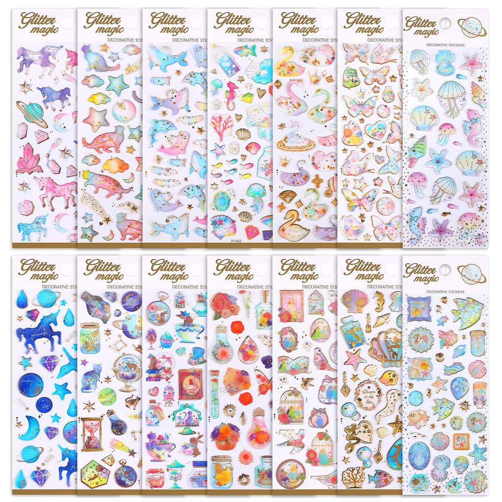 SANNIX Glitter Stickers for 14 Reward Planner Puffy 3D Reward Planner Marine Flower Girls, Sheets, Stickers, Stickers, Stickers, Glitter, Heart,