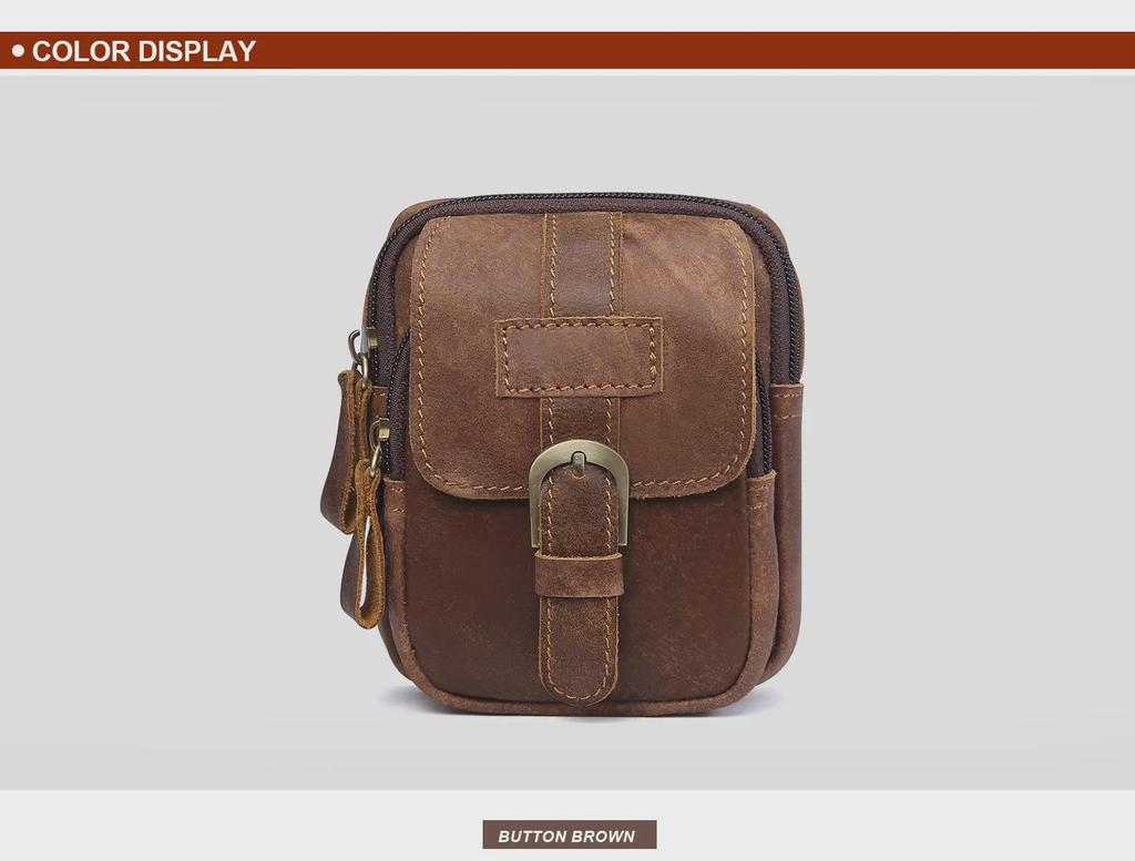 Men's Genuine Frosted Leather Waist Bag - Durable Zipper Sports & Work Belt Bag