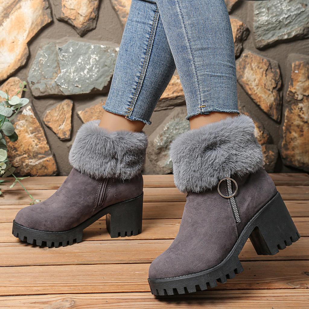 Women Boots Winter Fluffy Fur Boots Fashion Suede High Heel Ankle Booties Winter Snow Boots for Women Plush Warm Winter Booties