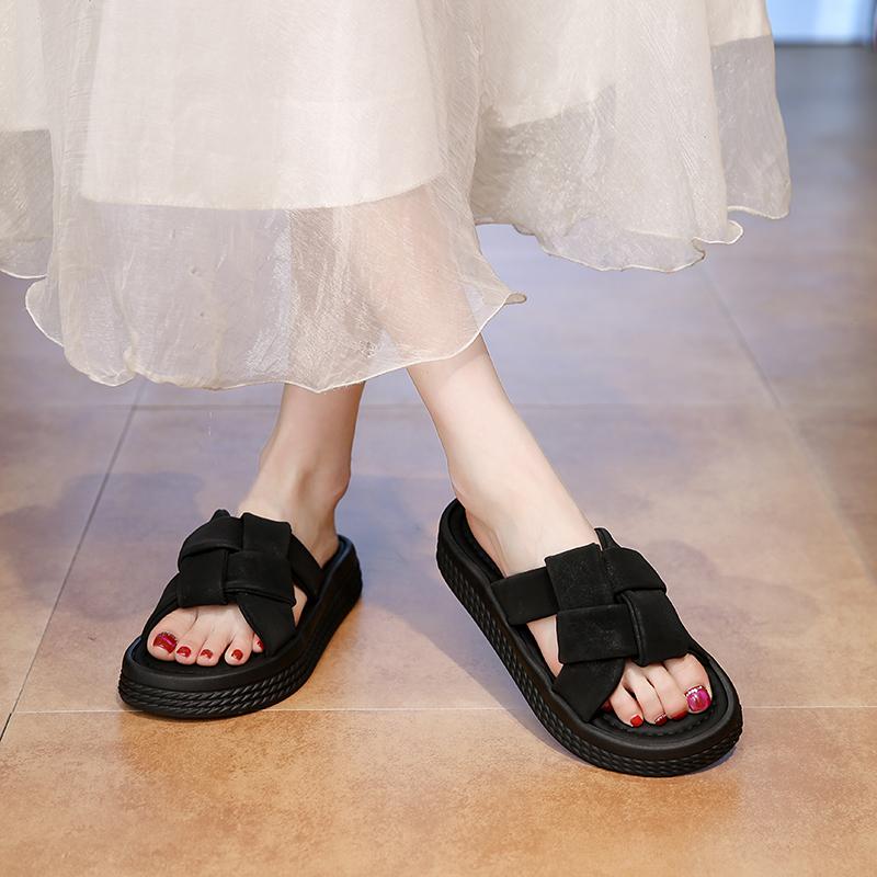 CRLAYDK Womens Slip On Sandals Outdoor Summer Leather Platform Open Toe Indoor Slides Soft Beach Ladies Walking Slippers