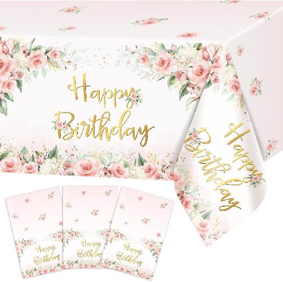 Avezano 3 Pcs Rose Gold Party Decorations Pink Floral Happy Birthday Tablecloths for Girls Women Birthday Party Supplies 108 x 54 Inch