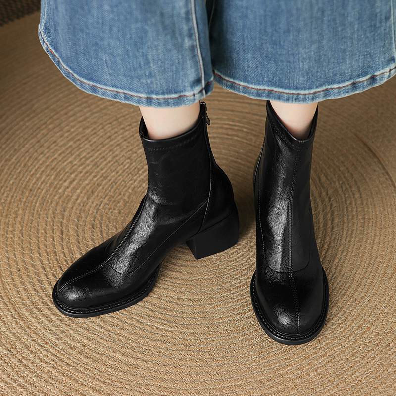 Krazing Po Microfiber Winter Round Toe Size 33 Western Boots Size 43 Zipper Thick High Heels Pleated Decoration Ankle Boots