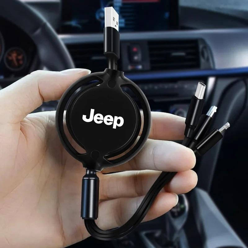 3 in 1 Retractable Car Fast Charging Cable for Jeep Renegade Wrangler JK JL Grand Cherokee Type C Micro USB Auto Accessories
